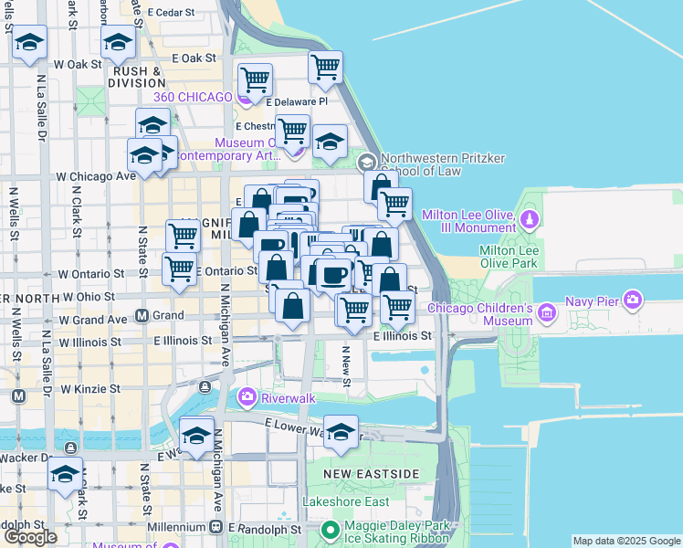 map of restaurants, bars, coffee shops, grocery stores, and more near 328 East Ontario Street in Chicago