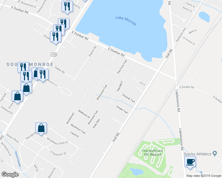 map of restaurants, bars, coffee shops, grocery stores, and more near 132 Birchwood Trail in Monroe