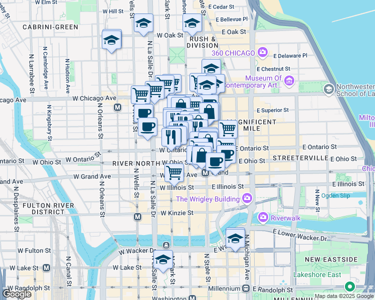 map of restaurants, bars, coffee shops, grocery stores, and more near W Ontario St & N Dearborn St in Chicago