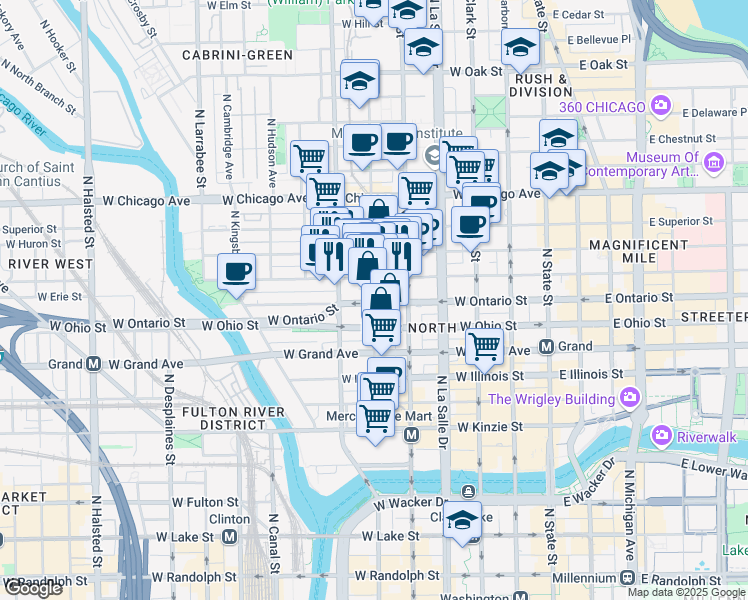map of restaurants, bars, coffee shops, grocery stores, and more near 629 North Franklin Street in Chicago