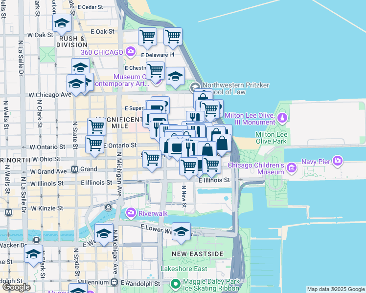 map of restaurants, bars, coffee shops, grocery stores, and more near 333 East Ontario Street in Chicago