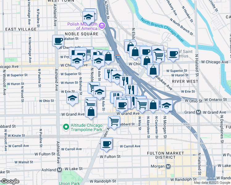 map of restaurants, bars, coffee shops, grocery stores, and more near 1243 West Erie Street in Chicago