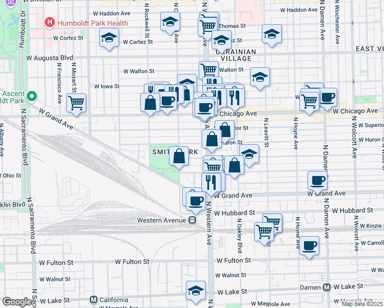 map of restaurants, bars, coffee shops, grocery stores, and more near 2445 West Huron Street in Chicago