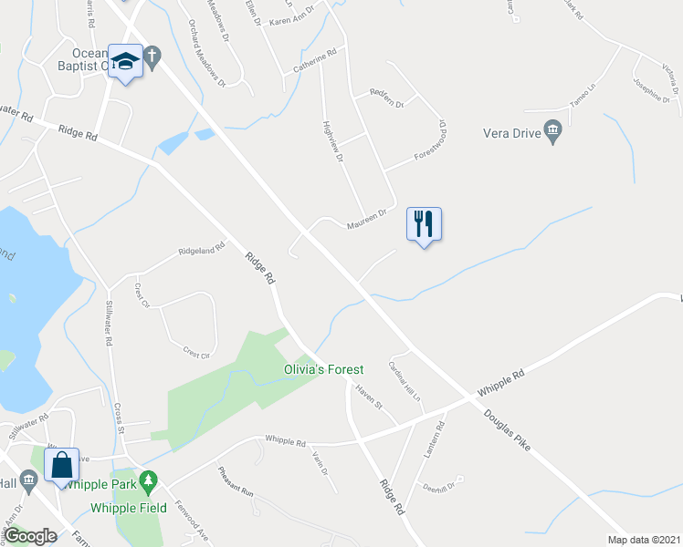 map of restaurants, bars, coffee shops, grocery stores, and more near 382 Douglas Pike in Smithfield