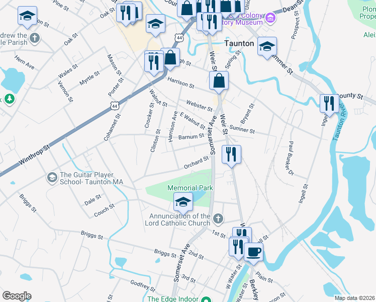 map of restaurants, bars, coffee shops, grocery stores, and more near 30 White Street in Taunton