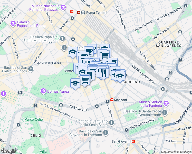 map of restaurants, bars, coffee shops, grocery stores, and more near 34 Via Ferruccio in Roma