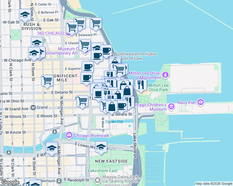 map of restaurants, bars, coffee shops, grocery stores, and more near 401 East Ontario Street in Chicago