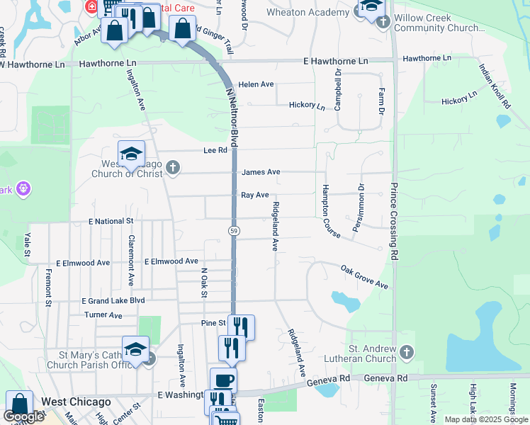 map of restaurants, bars, coffee shops, grocery stores, and more near 29W324 National Street in West Chicago
