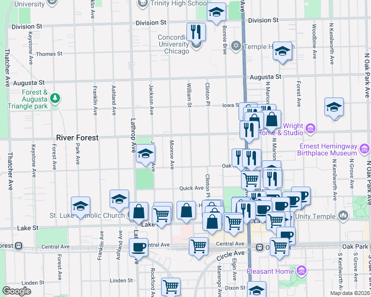 map of restaurants, bars, coffee shops, grocery stores, and more near 743 William Street in River Forest