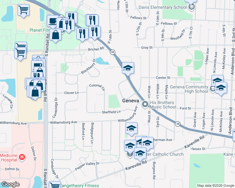 map of restaurants, bars, coffee shops, grocery stores, and more near 390 Brittany Court in Geneva