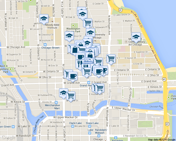 map of restaurants, bars, coffee shops, grocery stores, and more near 0 East Ontario Street in Chicago