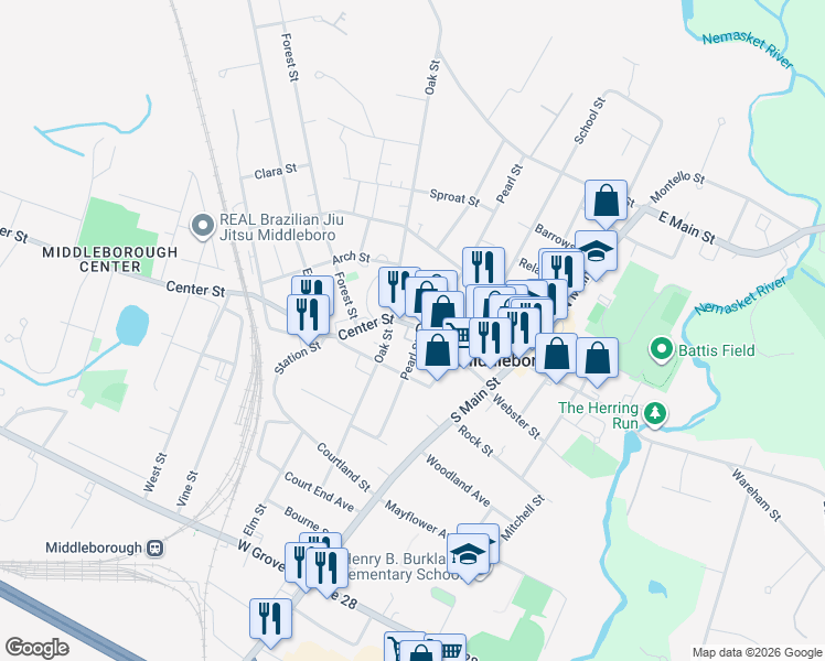 map of restaurants, bars, coffee shops, grocery stores, and more near 15 Center Street in Middleborough