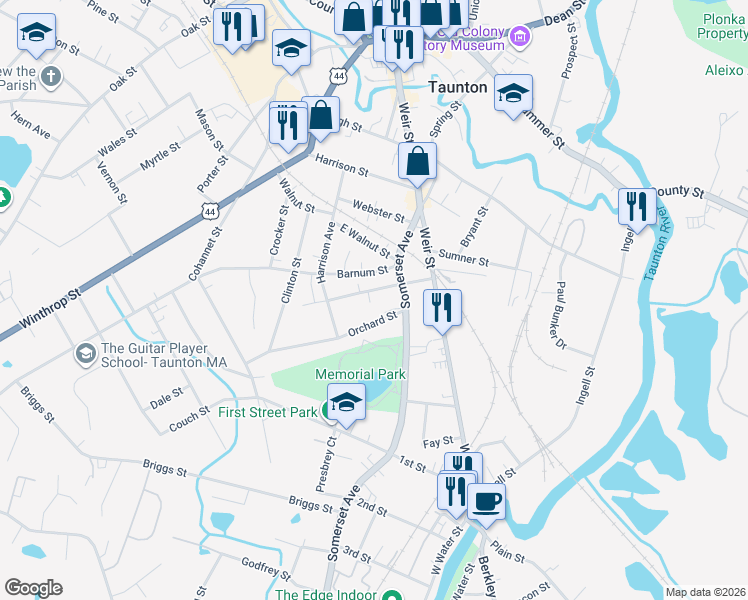 map of restaurants, bars, coffee shops, grocery stores, and more near 29 White Street in Taunton
