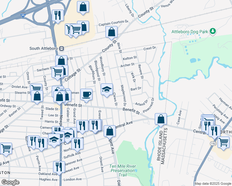 map of restaurants, bars, coffee shops, grocery stores, and more near 14 Don Court in Pawtucket