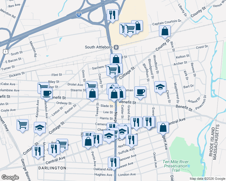 map of restaurants, bars, coffee shops, grocery stores, and more near 715 Cottage Street in Pawtucket