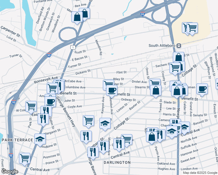 map of restaurants, bars, coffee shops, grocery stores, and more near 11 Foster Street in Pawtucket