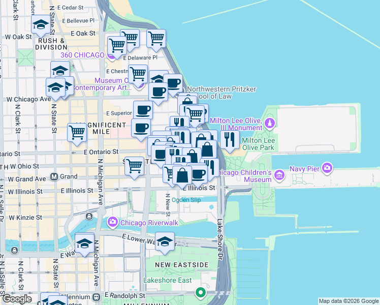 map of restaurants, bars, coffee shops, grocery stores, and more near 401 East Ontario Street in Chicago