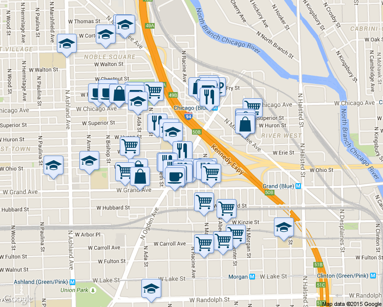 map of restaurants, bars, coffee shops, grocery stores, and more near in Chicago