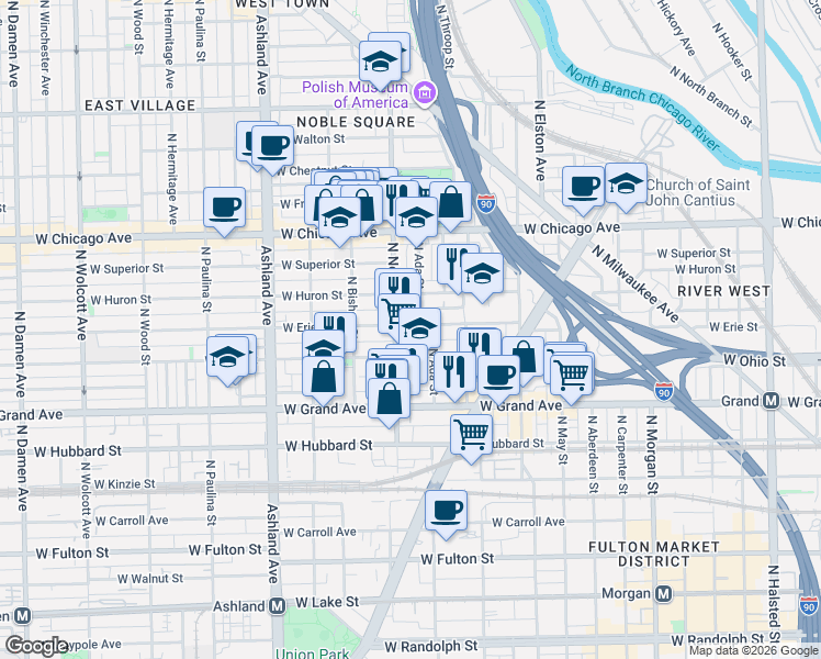 map of restaurants, bars, coffee shops, grocery stores, and more near 1346 West Erie Street in Chicago