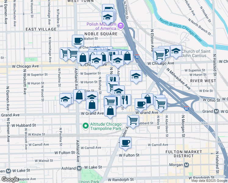 map of restaurants, bars, coffee shops, grocery stores, and more near 1348 West Erie Street in Chicago