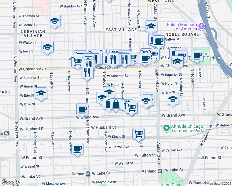 map of restaurants, bars, coffee shops, grocery stores, and more near 1836 West Erie Street in Chicago