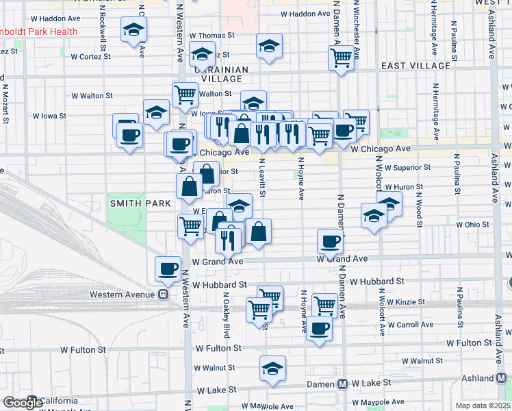 map of restaurants, bars, coffee shops, grocery stores, and more near 2210 West Erie Street in Chicago