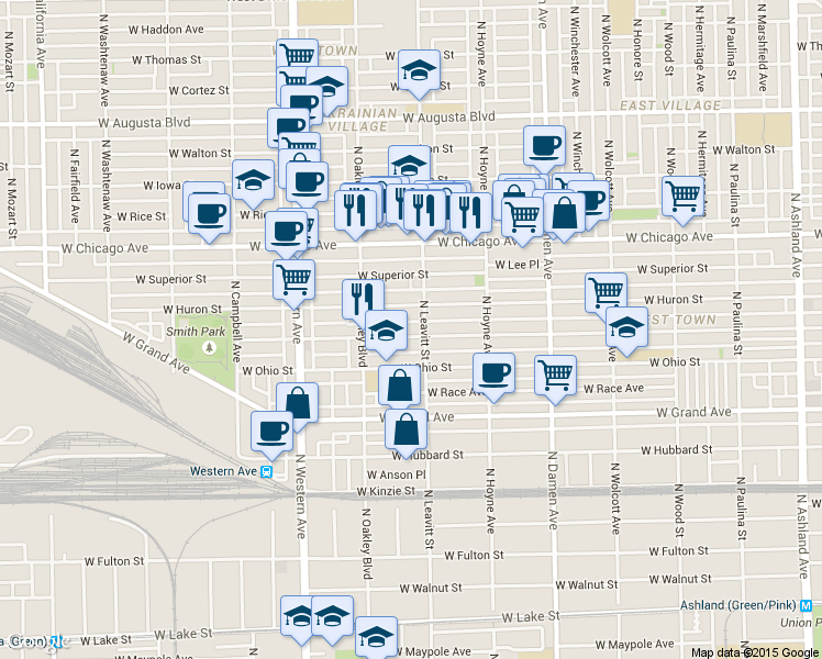 map of restaurants, bars, coffee shops, grocery stores, and more near 2210 West Erie Street in Chicago