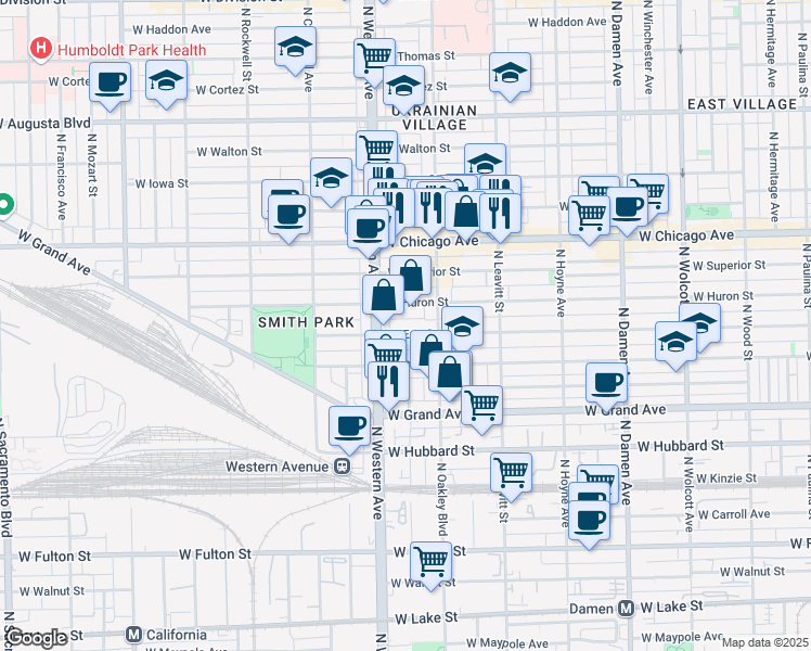 map of restaurants, bars, coffee shops, grocery stores, and more near 2327 West Huron Street in Chicago
