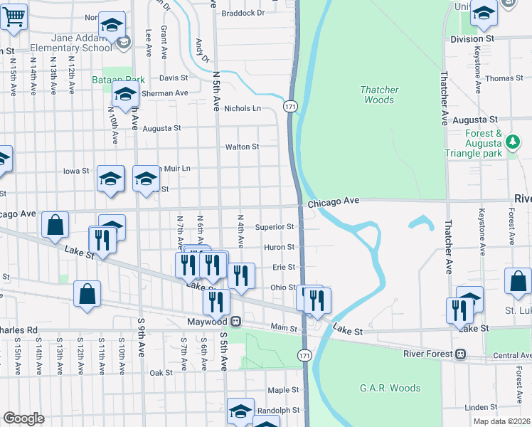 map of restaurants, bars, coffee shops, grocery stores, and more near 617 North 3rd Avenue in Maywood