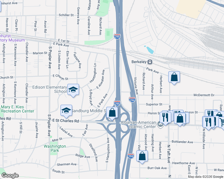 map of restaurants, bars, coffee shops, grocery stores, and more near 513 East Park Avenue in Elmhurst