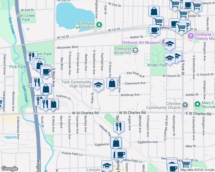 map of restaurants, bars, coffee shops, grocery stores, and more near 266 South Grace Avenue in Elmhurst