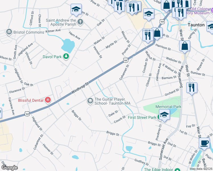 map of restaurants, bars, coffee shops, grocery stores, and more near 421 Cohannet Street in Taunton