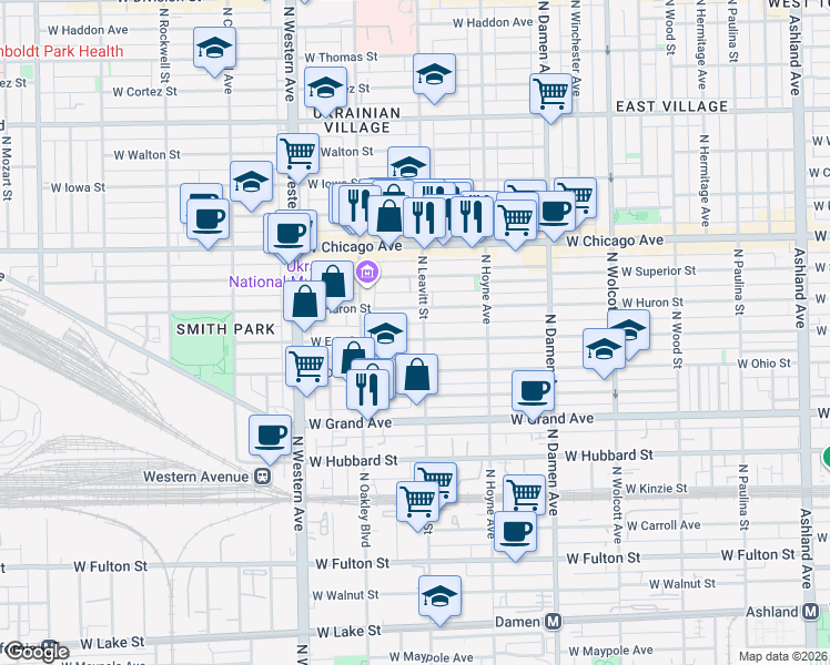 map of restaurants, bars, coffee shops, grocery stores, and more near 2206 West Erie Street in Chicago