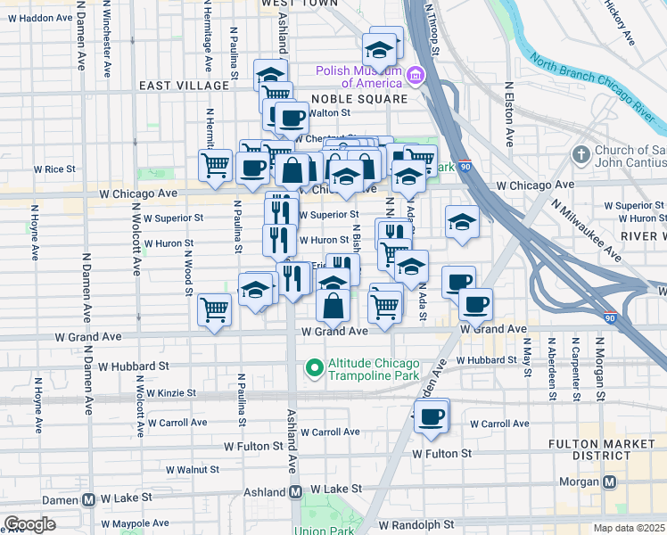 map of restaurants, bars, coffee shops, grocery stores, and more near 1458 West Erie Street in Chicago