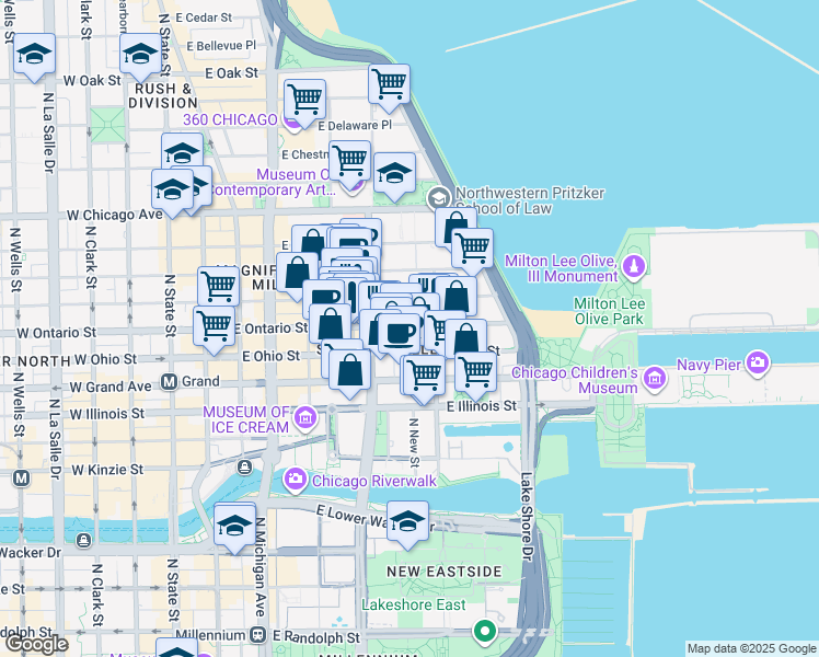 map of restaurants, bars, coffee shops, grocery stores, and more near 333 East Ontario Street in Chicago