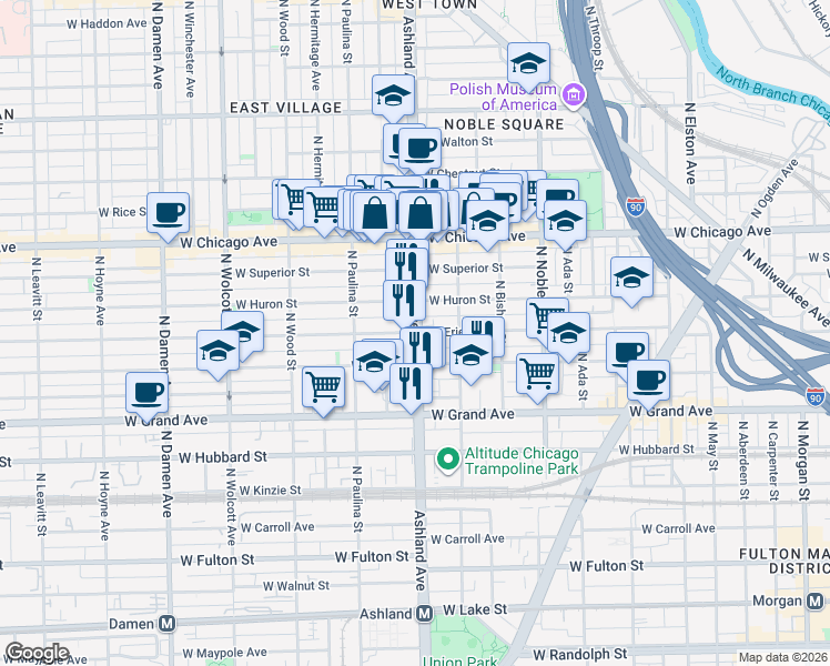 map of restaurants, bars, coffee shops, grocery stores, and more near N Ashland Ave & W Erie St in Chicago