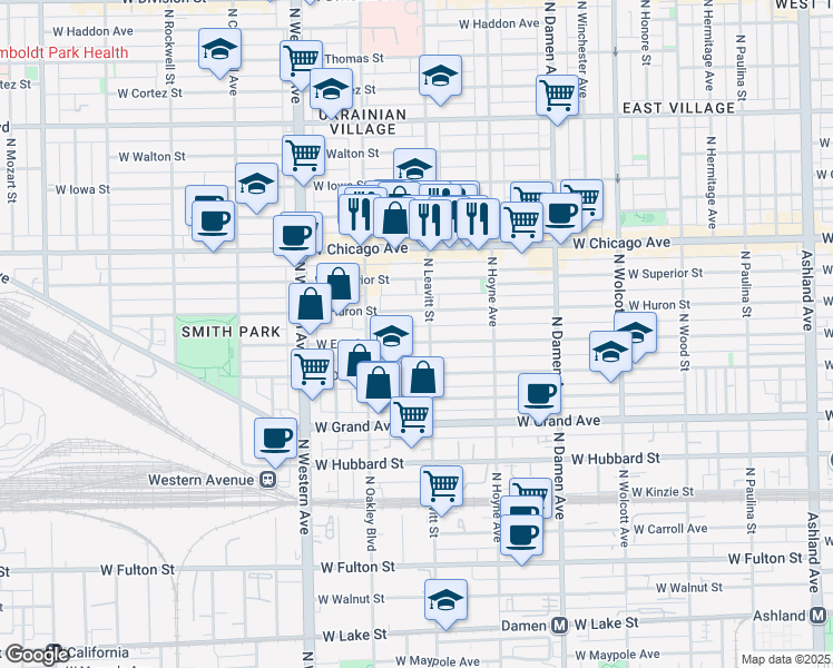 map of restaurants, bars, coffee shops, grocery stores, and more near 2210 West Erie Street in Chicago