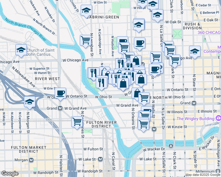 map of restaurants, bars, coffee shops, grocery stores, and more near 435 West Erie Street in Chicago