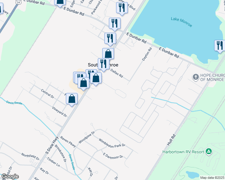 map of restaurants, bars, coffee shops, grocery stores, and more near 6115 Greenwycke Lane in Monroe