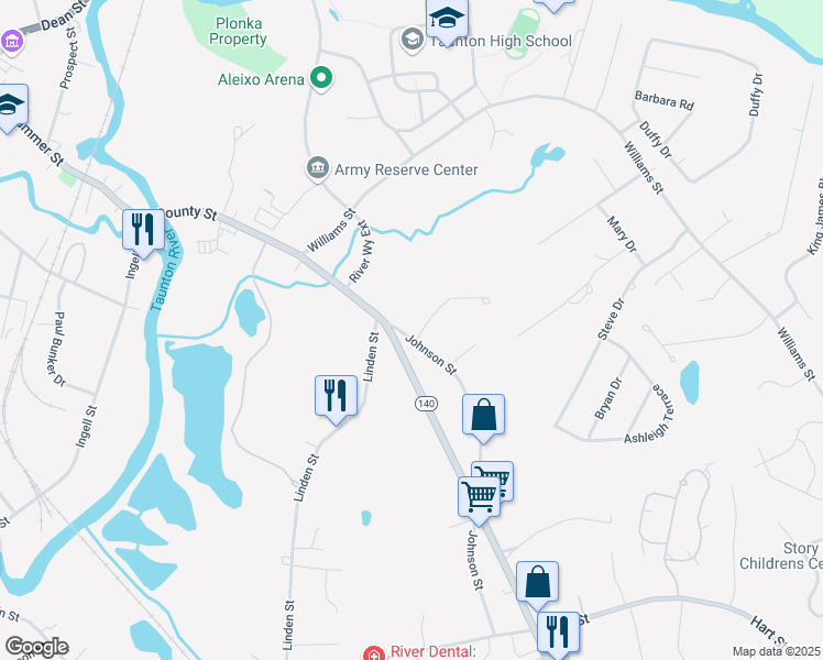 map of restaurants, bars, coffee shops, grocery stores, and more near 6 Johnson Street in Taunton