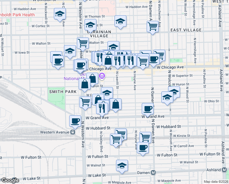 map of restaurants, bars, coffee shops, grocery stores, and more near 2210 West Erie Street in Chicago