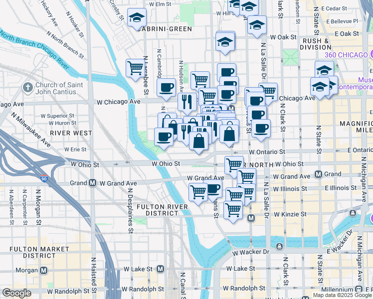 map of restaurants, bars, coffee shops, grocery stores, and more near 416 West Ontario Street in Chicago