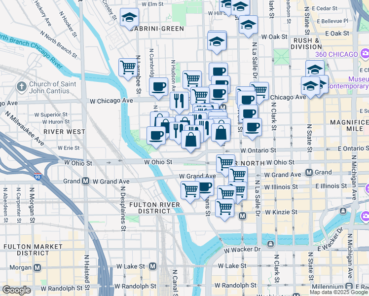 map of restaurants, bars, coffee shops, grocery stores, and more near 416 West Ontario Street in Chicago