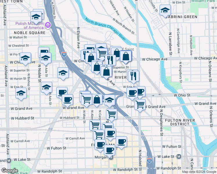 map of restaurants, bars, coffee shops, grocery stores, and more near 1004 West Erie Street in Chicago