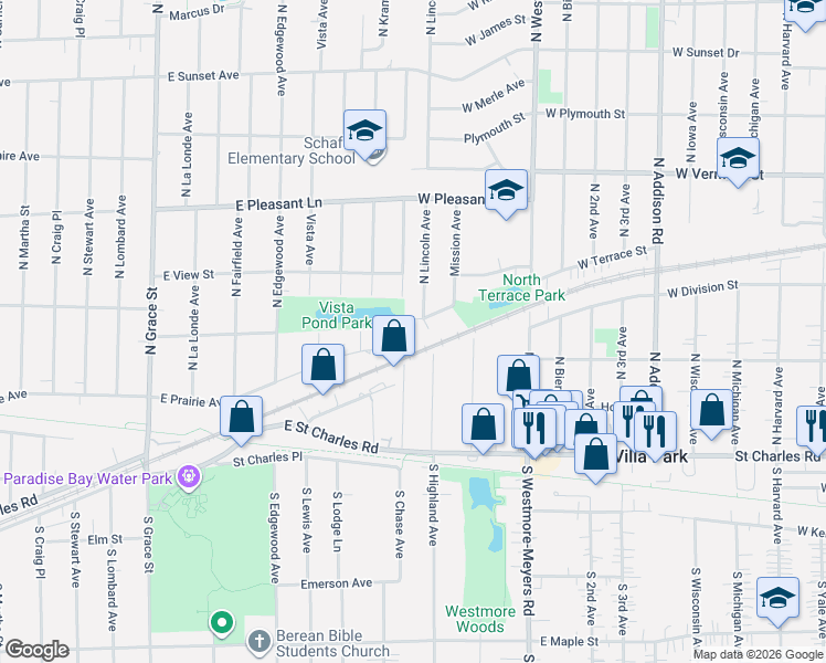 map of restaurants, bars, coffee shops, grocery stores, and more near 727 West Terrace Street in Villa Park