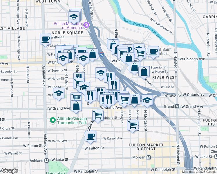 map of restaurants, bars, coffee shops, grocery stores, and more near 1227 West Erie Street in Chicago