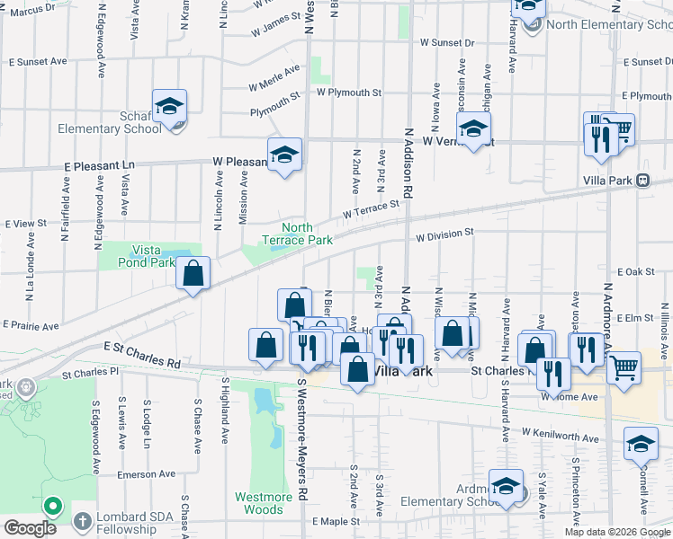 map of restaurants, bars, coffee shops, grocery stores, and more near 226 North 2nd Avenue in Villa Park