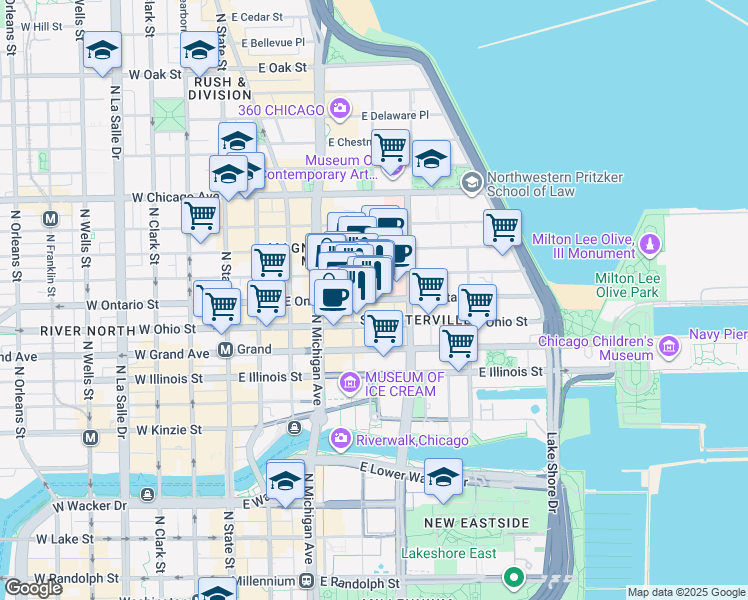 map of restaurants, bars, coffee shops, grocery stores, and more near East Ontario Street in Chicago
