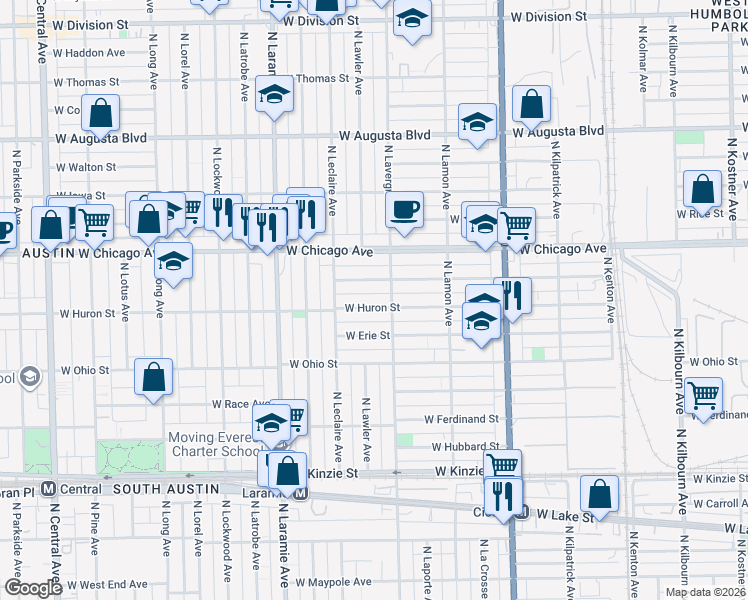 map of restaurants, bars, coffee shops, grocery stores, and more near 5016 West Huron Street in Chicago