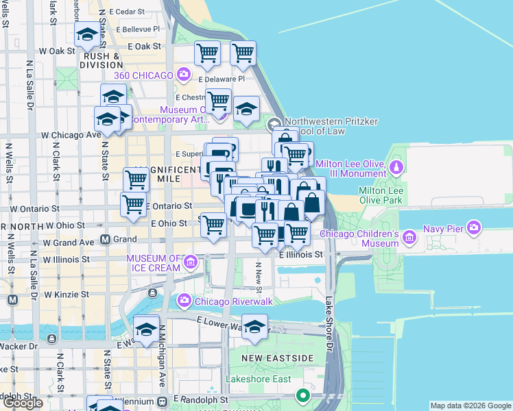 map of restaurants, bars, coffee shops, grocery stores, and more near 355 East Ontario Street in Chicago